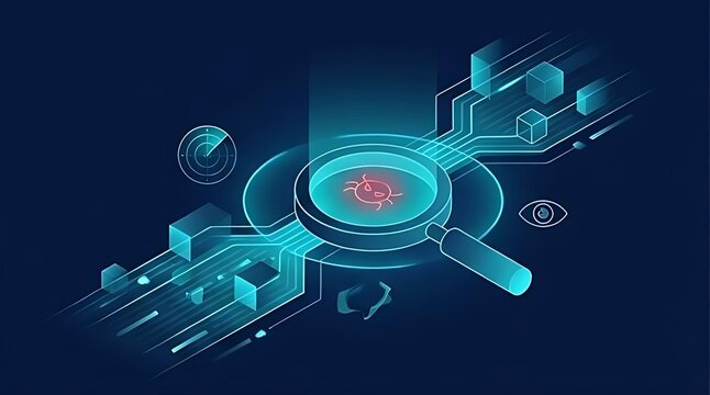 Cyber security concept with glowing magnifying glass detecting a virus or malware bug in digital data flow
