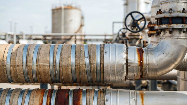 Title:
Industrial insulated pipeline with valve and storage tanks in petrochemical processing facility photo