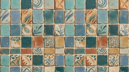 Fototapeta premium Handcrafted ceramic tile patterns with Mediterranean and Moorish geometric motifs, weathered glaze, rich blue, turquoise, green and terracotta tones, intricate symmetry, vintage texture, elegant style