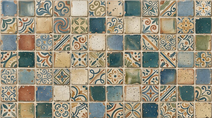 Fototapeta premium Handcrafted ceramic tile patterns with Mediterranean and Moorish geometric motifs, weathered glaze, rich blue, turquoise, green and terracotta tones, intricate symmetry, vintage texture, elegant style