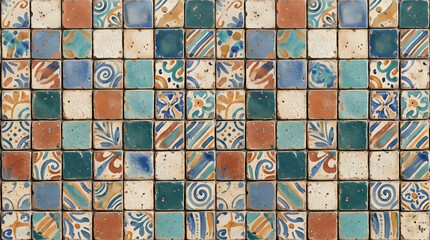 Fototapeta premium Handcrafted ceramic tile patterns with Mediterranean and Moorish geometric motifs, weathered glaze, rich blue, turquoise, green and terracotta tones, intricate symmetry, vintage texture, elegant style