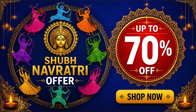 Shubh Navratri Festival Sale Banner with Garba Dancers, 70 Percent Discount Badge and Festive Background