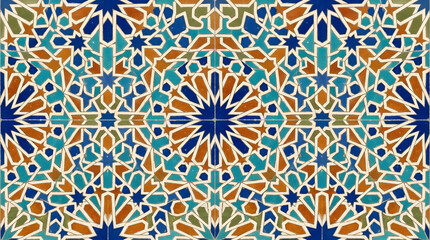 Fototapeta premium Handcrafted ceramic tile patterns with Mediterranean and Moorish geometric motifs, weathered glaze, rich blue, turquoise, green and terracotta tones, intricate symmetry, vintage texture, elegant style