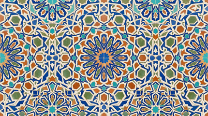Fototapeta premium Handcrafted ceramic tile patterns with Mediterranean and Moorish geometric motifs, weathered glaze, rich blue, turquoise, green and terracotta tones, intricate symmetry, vintage texture, elegant style