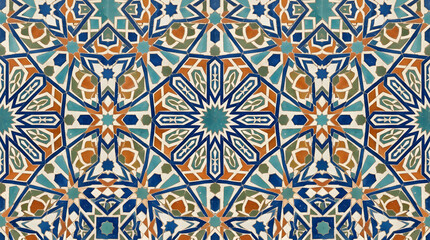Fototapeta premium Handcrafted ceramic tile patterns with Mediterranean and Moorish geometric motifs, weathered glaze, rich blue, turquoise, green and terracotta tones, intricate symmetry, vintage texture, elegant style