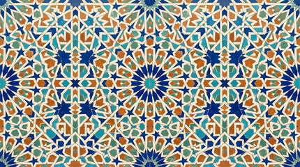 Fototapeta premium Handcrafted ceramic tile patterns with Mediterranean and Moorish geometric motifs, weathered glaze, rich blue, turquoise, green and terracotta tones, intricate symmetry, vintage texture, elegant style