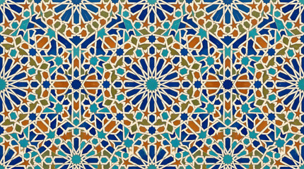 Fototapeta premium Handcrafted ceramic tile patterns with Mediterranean and Moorish geometric motifs, weathered glaze, rich blue, turquoise, green and terracotta tones, intricate symmetry, vintage texture, elegant style