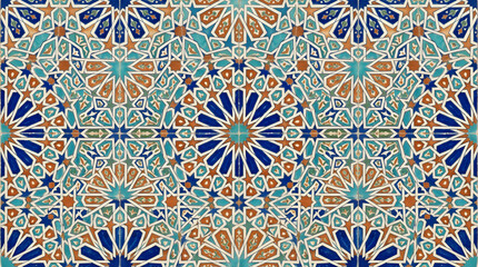 Fototapeta premium Handcrafted ceramic tile patterns with Mediterranean and Moorish geometric motifs, weathered glaze, rich blue, turquoise, green and terracotta tones, intricate symmetry, vintage texture, elegant style