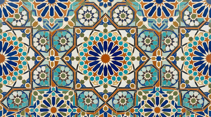 Fototapeta premium Handcrafted ceramic tile patterns with Mediterranean and Moorish geometric motifs, weathered glaze, rich blue, turquoise, green and terracotta tones, intricate symmetry, vintage texture, elegant style