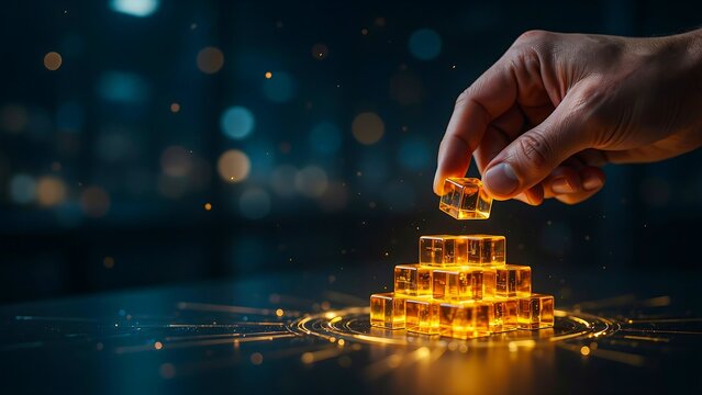Title:
Hand placing glowing blockchain blocks representing secure digital data and financial technology illustration