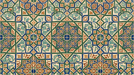 Fototapeta premium Handcrafted ceramic tile patterns with Mediterranean and Moorish geometric motifs, weathered glaze, rich blue, turquoise, green and terracotta tones, intricate symmetry, vintage texture, elegant style