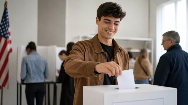 Young Voter Smiling While Casting a Ballot in a Polling Station Surrounded by Engaged Citizens on Election Day