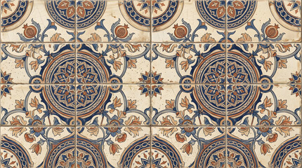Fototapeta premium Handcrafted ceramic tile patterns with Mediterranean and Moorish geometric motifs, weathered glaze, rich blue, turquoise, green and terracotta tones, intricate symmetry, vintage texture, elegant style