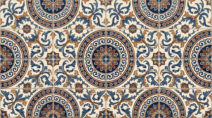 Fototapeta premium Handcrafted ceramic tile patterns with Mediterranean and Moorish geometric motifs, weathered glaze, rich blue, turquoise, green and terracotta tones, intricate symmetry, vintage texture, elegant style