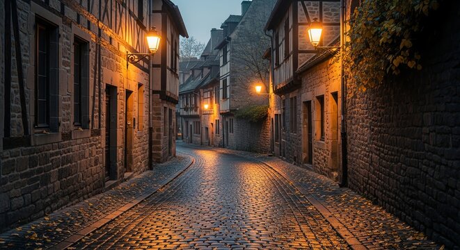 Narrow cobblestone street in a medieval European town at twilight with warm lantern lighting and traditional half-timbered house architecture