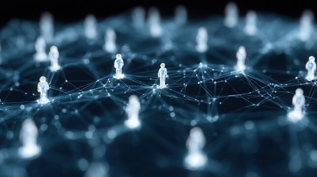 Abstract 3 d network of glowing human figures connected by lines on a dark background representing social connections and technology