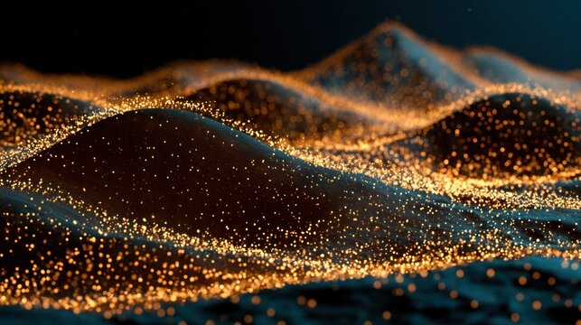 Abstract landscape of glowing particles on dark wavy surface
