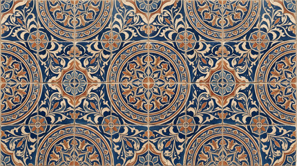 Fototapeta premium Handcrafted ceramic tile patterns with Mediterranean and Moorish geometric motifs, weathered glaze, rich blue, turquoise, green and terracotta tones, intricate symmetry, vintage texture, elegant style