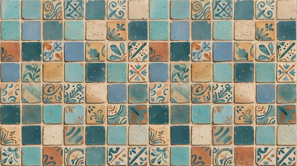 Fototapeta premium Handcrafted ceramic tile patterns with Mediterranean and Moorish geometric motifs, weathered glaze, rich blue, turquoise, green and terracotta tones, intricate symmetry, vintage texture, elegant style