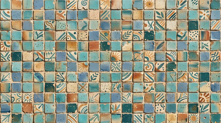 Fototapeta premium Handcrafted ceramic tile patterns with Mediterranean and Moorish geometric motifs, weathered glaze, rich blue, turquoise, green and terracotta tones, intricate symmetry, vintage texture, elegant style