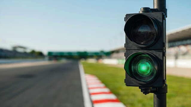 Title:
Green race track signal light beside asphalt circuit under clear blue sky photo