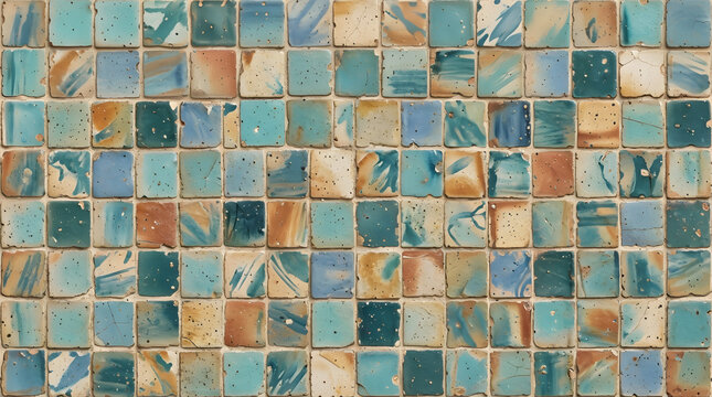 Handcrafted ceramic tile patterns with Mediterranean and Moorish geometric motifs, weathered glaze, rich blue, turquoise, green and terracotta tones, intricate symmetry, vintage texture, elegant style