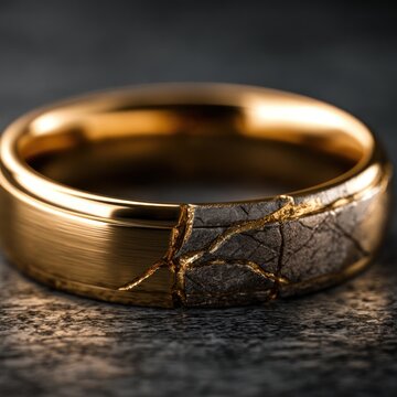 Golden wedding ring with cracked dark texture and gold inlay close up macro shot