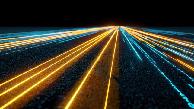 Abstract digital highway with glowing binary code and light streaks