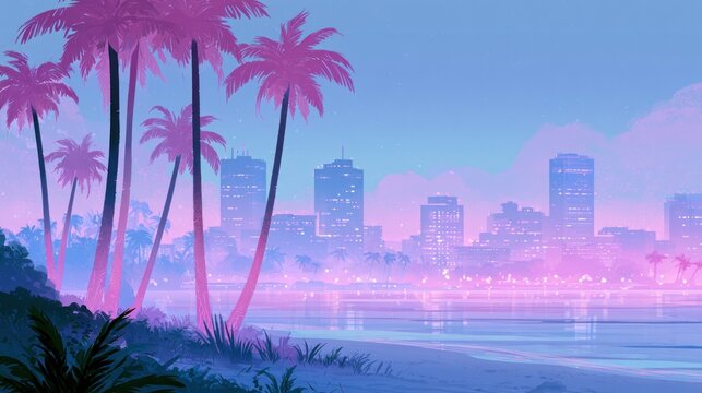 Miami beach skyline with palm trees at dusk