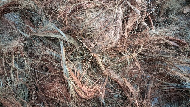 Close-up of dried organic coconut husk fiber and coir waste material used for gardening.