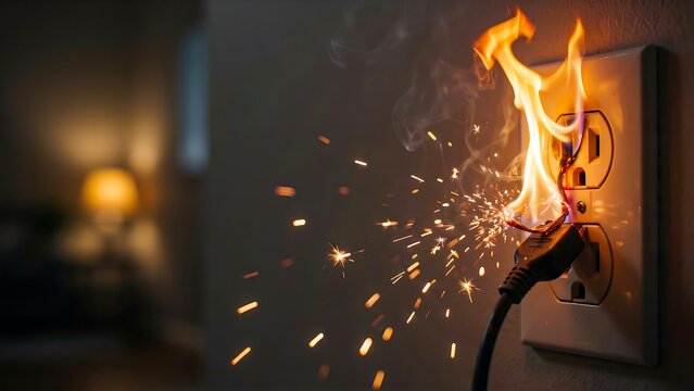Title:
Burning electrical outlet with sparks illustrating dangerous short circuit and fire hazard photo