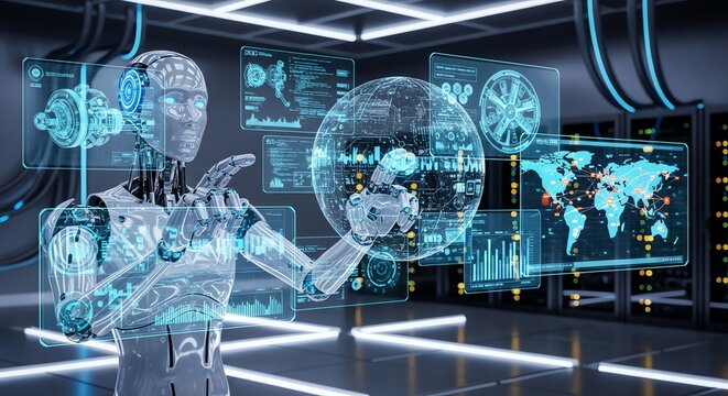 A sleek humanoid robot interacting with holographic data interfaces and a glowing globe in a modern high-tech server room background