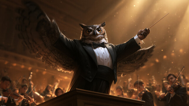 Conductor Owl Leading Orchestra with Baton