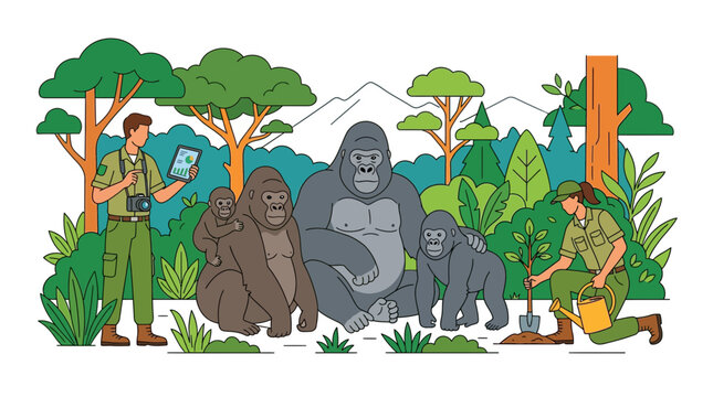 Gorilla Family and Zookeepers in Natural Habitat