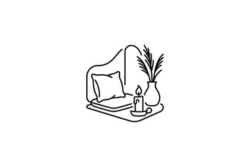 Obraz premium Minimalist line art illustration of a cozy home interior corner with a pillow and vase.