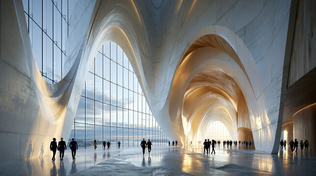 Modern Architecture Interior With Soaring Arches and Figures