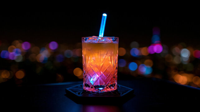 Neon Glowing Cocktail with Blue Straw at Night