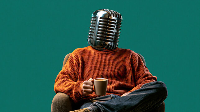 Podcaster Holding Microphone With Coffee Cup