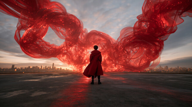 Silhouette Figure Confronting Massive Red Energy Explosion