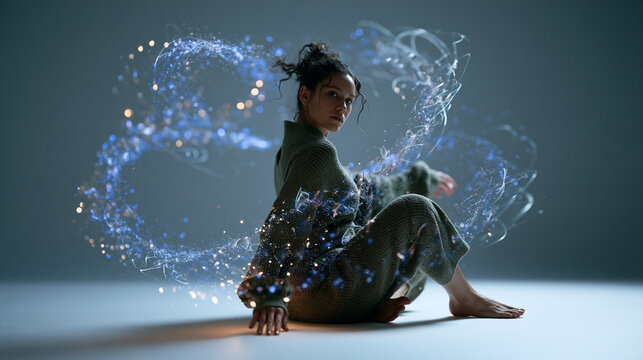 Young Woman with Digital Magic and Blue Light Energy