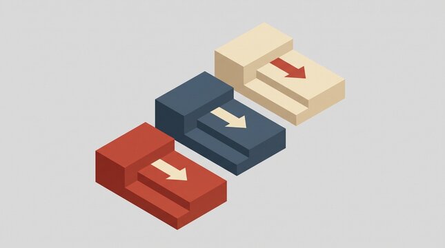 Isometric downward arrow steps, a conceptual illustration of progress and decline. Three distinct colored blocks with descending arrows, symbolizing business trends and data visualization.