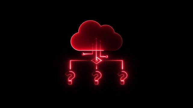 Neon cloud computing network with question marks animation, digital data uncertainty concept glowing