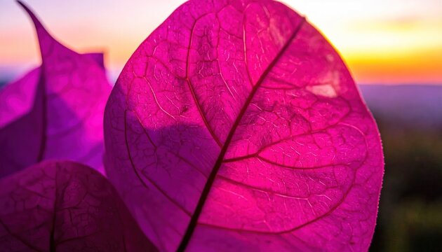 Close-up of Vibrant Pink Bougainvillea Leaf Against a Sunset Sky.
