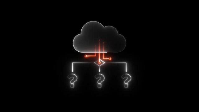 Neon cloud computing network with question marks, digital data processing concept, cyber security and information technology abstract animation