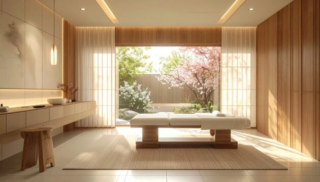 Zen Spa Retreat - Serene Interior with Garden View and Massage Bed.