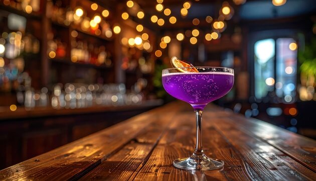 Elegant Purple Cocktail on Bar with Bokeh Lights.
