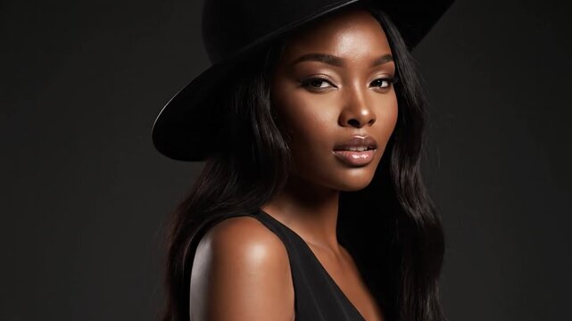 Elegant young woman wearing a black hat posing in studio portrait