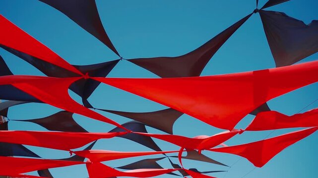 abstract view of red and black triangle shaped cloth decoration waving by wind on blue sky background. summer sea camp or beach club decoration, vibrant colors
