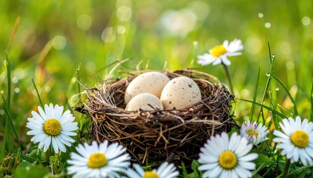 Easter eggs in a nest surrounded by daisies in a meadow.