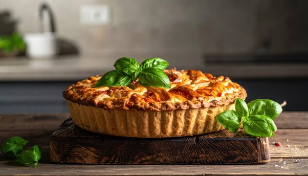 Savory Tomato Pie with Basil on Wooden Board.